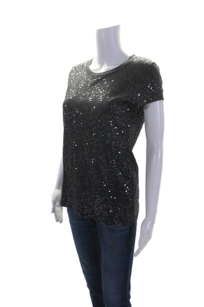 DKNY Womens Short Sleeve Crew Neck Sequin Tee Shirt Gray Cotton Size Small