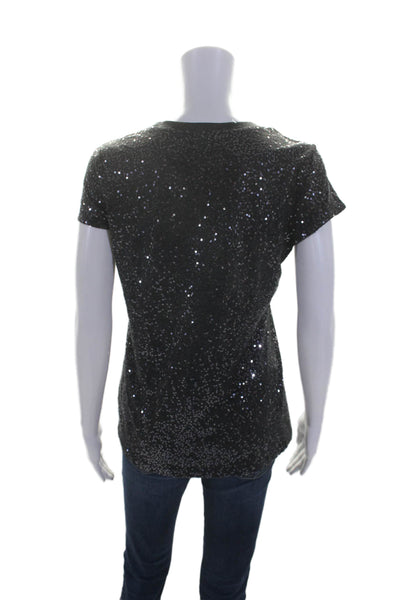 DKNY Womens Short Sleeve Crew Neck Sequin Tee Shirt Gray Cotton Size Small