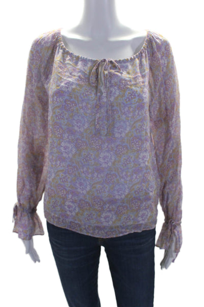 Ecru Womens Long Sleeve Keyhole Floral Blouse Purple Blue Size Extra Small