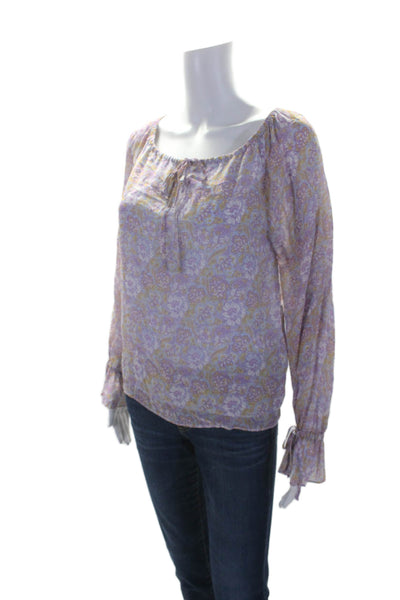 Ecru Womens Long Sleeve Keyhole Floral Blouse Purple Blue Size Extra Small