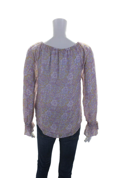 Ecru Womens Long Sleeve Keyhole Floral Blouse Purple Blue Size Extra Small