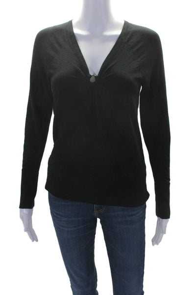 Milly Womens Long Sleeve Ring V Neck Knit Shirt Top Black Size Petite