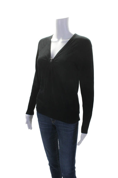 Milly Womens Long Sleeve Ring V Neck Knit Shirt Top Black Size Petite