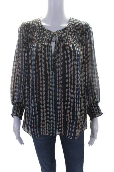 Shoshanna Womens Long Sleeve Keyhole Argyle Metallic Top Navy Silk Size Medium