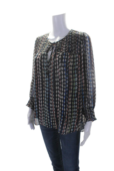 Shoshanna Womens Long Sleeve Keyhole Argyle Metallic Top Navy Silk Size Medium