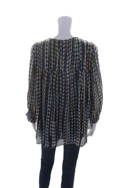 Shoshanna Womens Long Sleeve Keyhole Argyle Metallic Top Navy Silk Size Medium