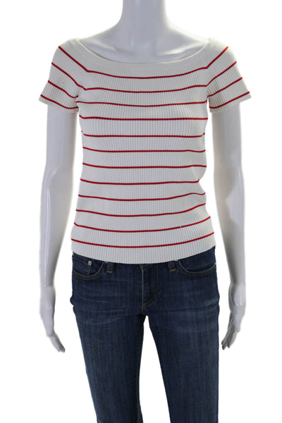 Intermix Women's Boat Neck Short Sleeves Ribbed Blouse Red Striped Size M