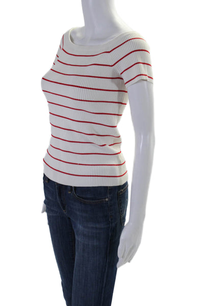 Intermix Women's Boat Neck Short Sleeves Ribbed Blouse Red Striped Size M