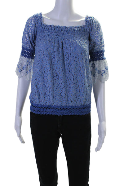 Temptation Positano Womens Lace Smocked Long Sleeves Blouse Blue Size Small