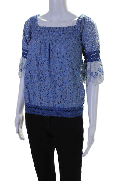 Temptation Positano Womens Lace Smocked Long Sleeves Blouse Blue Size Small