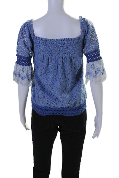 Temptation Positano Womens Lace Smocked Long Sleeves Blouse Blue Size Small