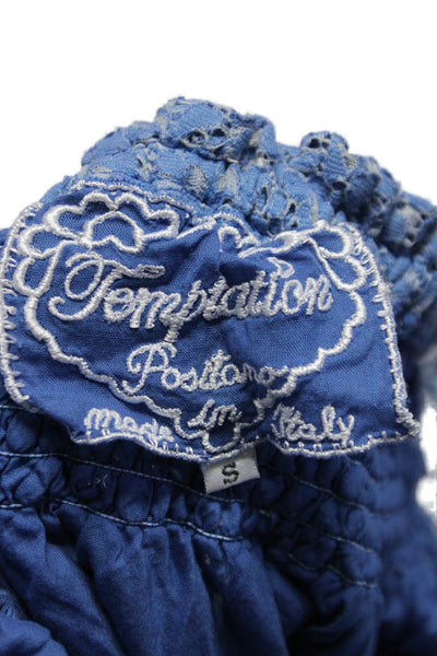 Temptation Positano Womens Lace Smocked Long Sleeves Blouse Blue Size Small