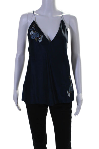 Cami NYC Womens Silk Floral Embroidered V Neck Tank Top Navy Blue Size Small