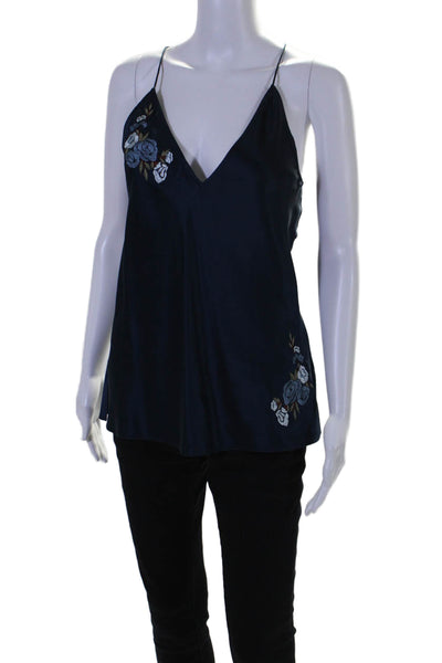 Cami NYC Womens Silk Floral Embroidered V Neck Tank Top Navy Blue Size Small