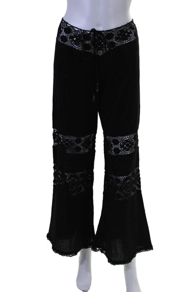 Michelle Jonas Womens Crochet Detail High Rise Wide Leg Pants Black Size Small