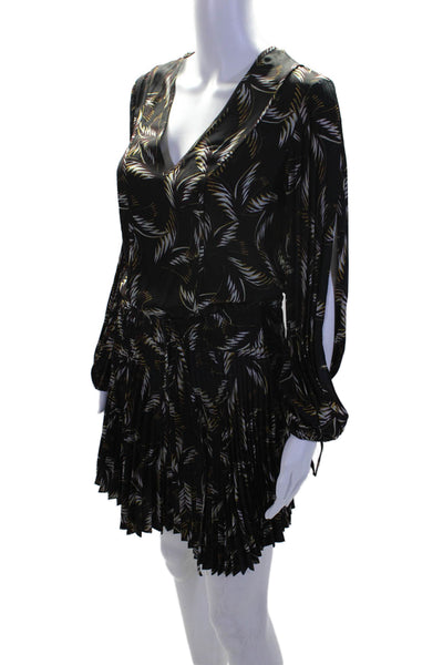 A.L.C. Womens Silk Abstract Pleated V-Neck Long Sleeve Dress Black Size 0