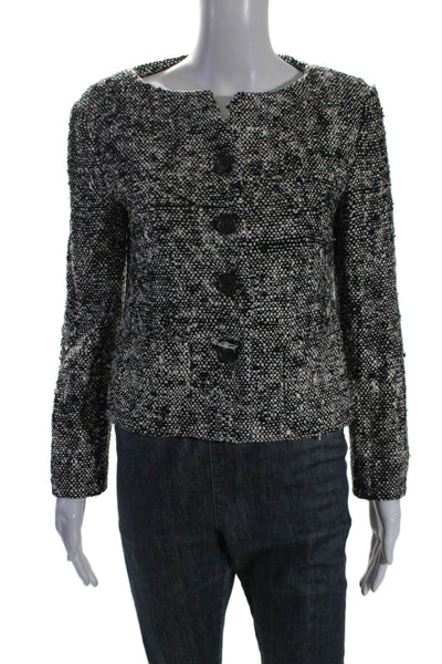 Lee Anderson Womens Black Silk Textured Crew Neck Button Front Jacket Size PS