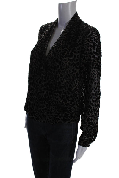 L Agence Womens Long Sleeve Velvet Leopard Print V Neck Top Gray Black Size XS