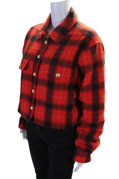 J Crew Womens Plaid Button Down Long Sleeves Jacket Red Black Cotton Size Medium