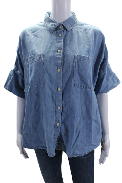 Madewell Womens Cotton Chambray Short Sleeve Button Down Shirt Blue Size L