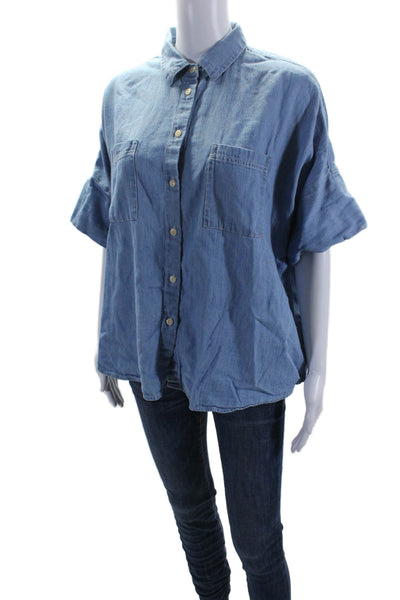 Madewell Womens Cotton Chambray Short Sleeve Button Down Shirt Blue Size L