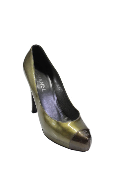 Chanel Womens Patent Leather Cap Toe Slide On Pumps Green Size 40.5 10.5