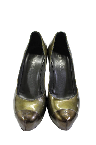 Chanel Womens Patent Leather Cap Toe Slide On Pumps Green Size 40.5 10.5