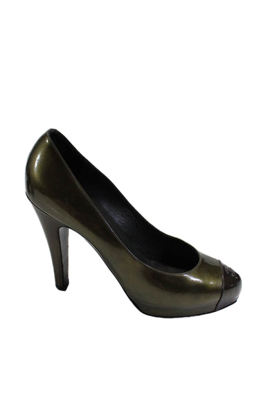 Chanel Womens Patent Leather Cap Toe Slide On Pumps Green Size 40.5 10.5