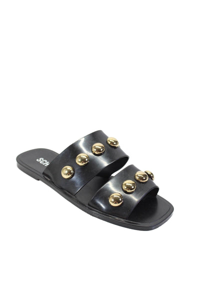 Schutz Womens Studded Gold Tone Slide On Casual Sandals Black Size 6