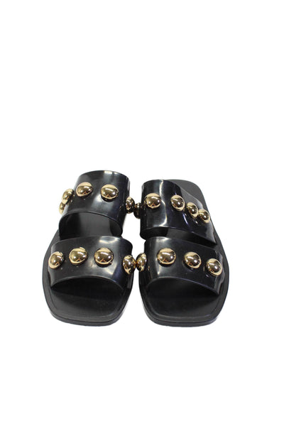 Schutz Womens Studded Gold Tone Slide On Casual Sandals Black Size 6