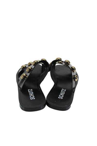 Schutz Womens Studded Gold Tone Slide On Casual Sandals Black Size 6