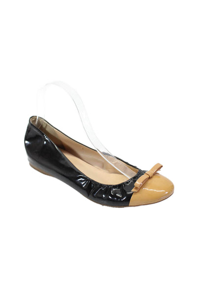 J Crew Womens Patent Leather Cap Toe Slide On Ballet Flats Black Beige Size 9