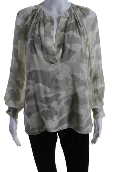 Joie Womens Long Sleeve V Neck Sheer Silk Camouflage Top Brown White Size Small