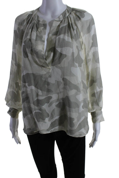 Joie Womens Long Sleeve V Neck Sheer Silk Camouflage Top Brown White Size Small