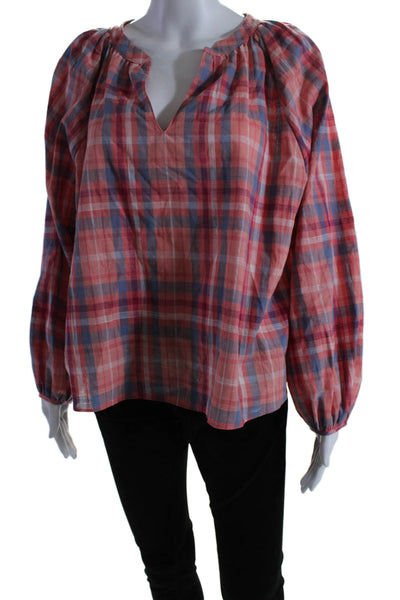 Drew Womens 3/4 Sleeve V Neck Plaid Blouse Pink Blue White Size Medium