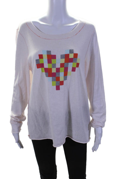 Lisa Todd Womens Long Sleeve Pixel Heart Scoop Neck Sweater White Cotton Size XL