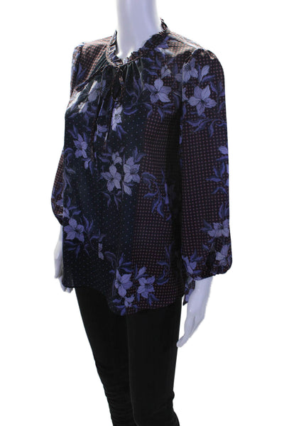 Shoshanna Womens Long Sleeve Keyhole Floral Blouse Navy Blue Red Size Medium