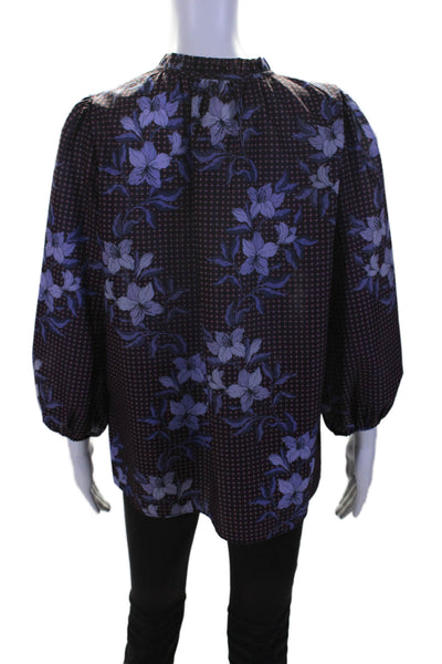 Shoshanna Womens Long Sleeve Keyhole Floral Blouse Navy Blue Red Size Medium