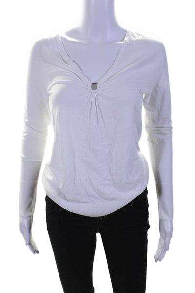 Milly Womens Long Sleeve Ring V Neck Knit Shirt Top White Size Petite