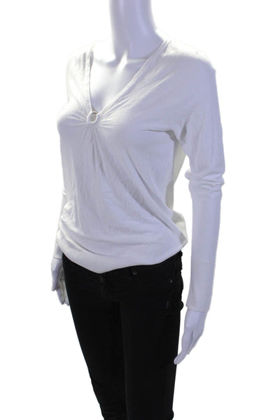 Milly Womens Long Sleeve Ring V Neck Knit Shirt Top White Size Petite