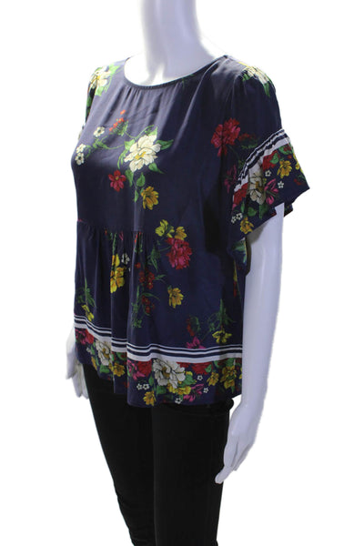 Joie Womens Short Sleeve Scoop Neck Silk Floral Blouse Navy Blue Multi Small