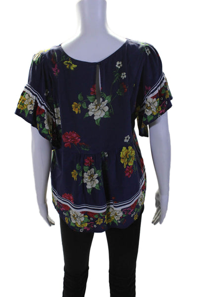 Joie Womens Short Sleeve Scoop Neck Silk Floral Blouse Navy Blue Multi Small