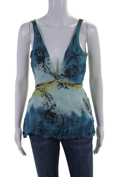 BCBG Max Azria Womens Sleeveless V Neck Waist Tie Top Silk Blue Medium