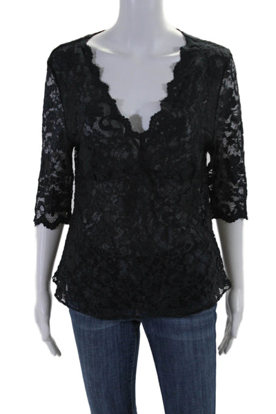 BCBG Max Azria Womens Short Sleeve V Neck Basic Blouse Lace Black XL