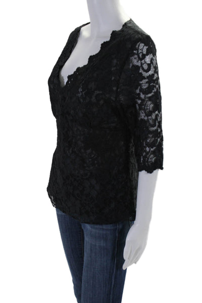 BCBG Max Azria Womens Short Sleeve V Neck Basic Blouse Lace Black XL