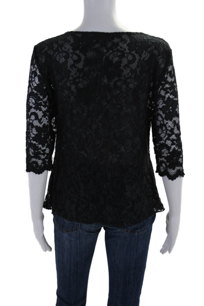 BCBG Max Azria Womens Short Sleeve V Neck Basic Blouse Lace Black XL