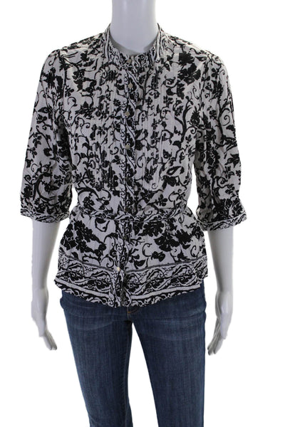 BCBG Max Azria Womens 3/4 Sleeve Button Down Abstract Print Blouse White M