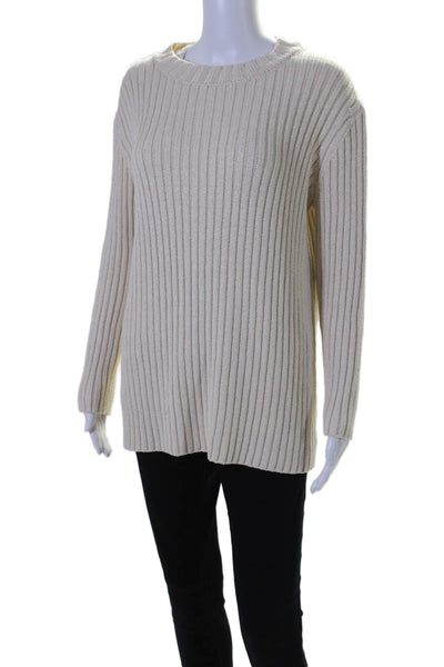 Adam Lippes Womens Silk Ribbed Crew Neck Long Sleeves Sweater White Size Small