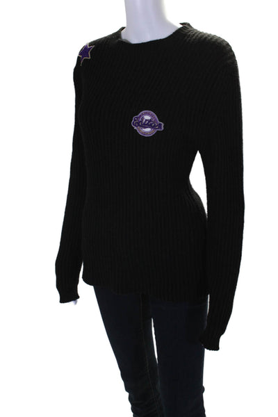 The Editor Womens Black Applique Detail Crew Neck Long Sleeve Sweater Top Size L