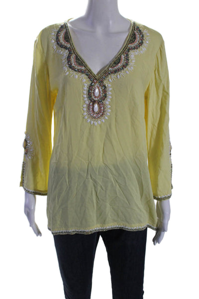 Lilly Pulitzer Womens 3/4 Sleeve Beaded Trim V Neck Blouse Yellow Size Medium